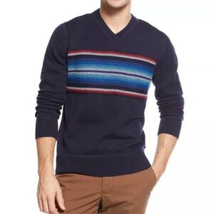 New Tommy Hilfiger Men's Navy Front Striped V-Neck Sweater Size XL